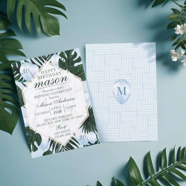 Invitación a cumpleaños de Marble Azul de hojas tr (Tropical Leaves Marble Blue Birthday Invitation)