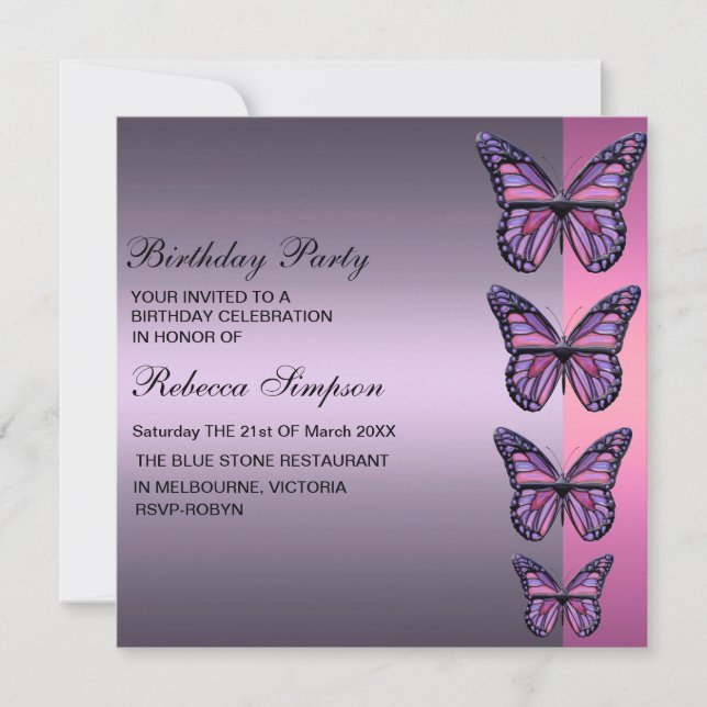 Invitación a cumpleaños de mariposa morada y rosa (Anverso)