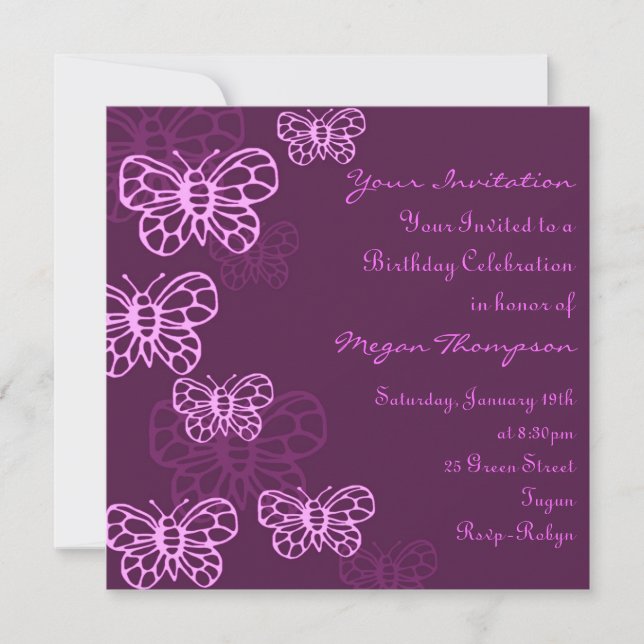 Invitación a cumpleaños de mariposa morada y rosa (Anverso)
