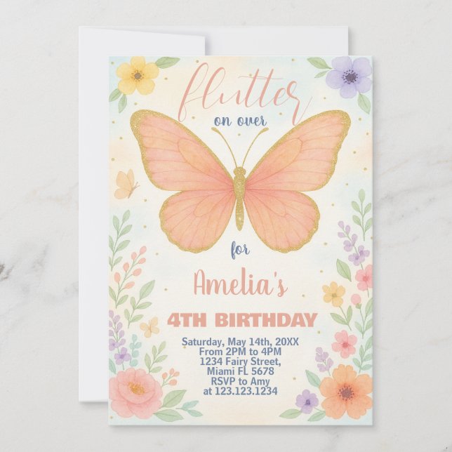 Invitación a cumpleaños de mariposa Purpurina edit (Anverso)