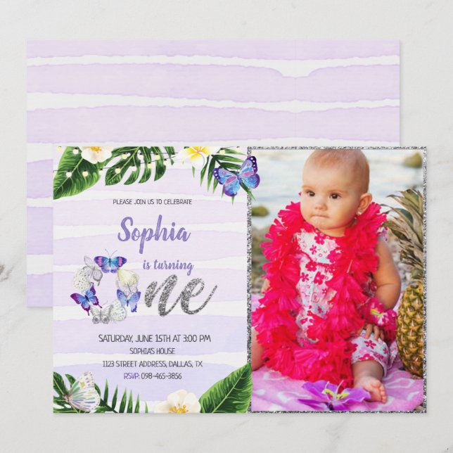 Invitación a cumpleaños de mariposa tropical con f (Anverso / Reverso)