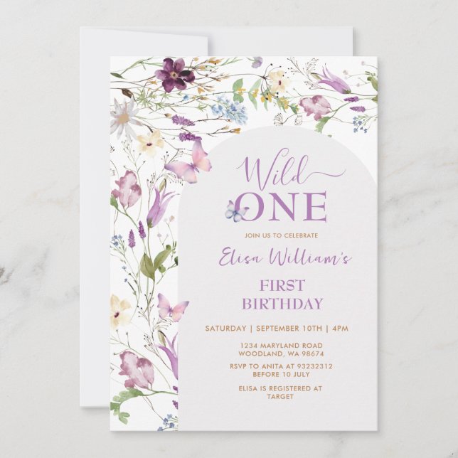 Invitación a cumpleaños de mariposa Wildflower ONE (Anverso)