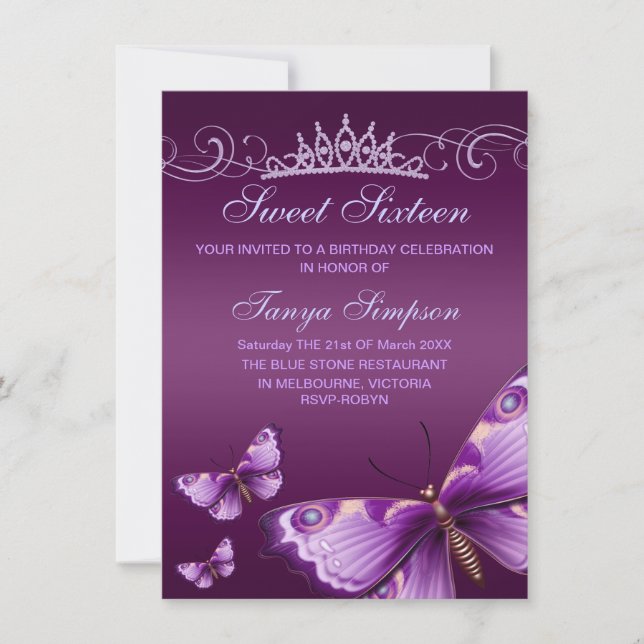 Invitación a cumpleaños de mariposa y tiara morada (Anverso)
