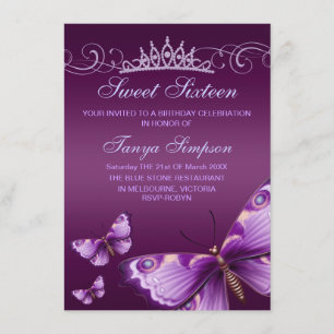 Invitación a cumpleaños de mariposa y tiara morada