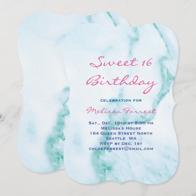 Invitación a cumpleaños de mármol Turquesa dulce (Anverso / Reverso)