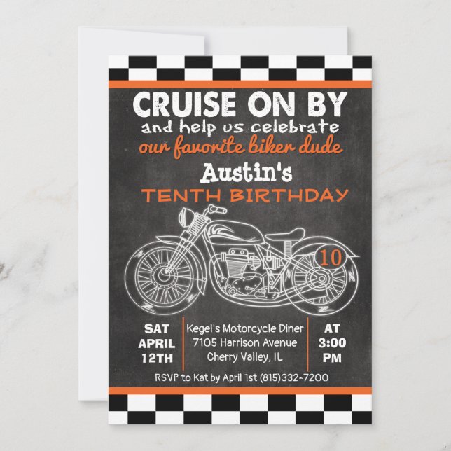 Invitación a cumpleaños de motocicleta para cualqu (Anverso)