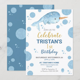 Invitación a cumpleaños de Narwhal Niño primer cum