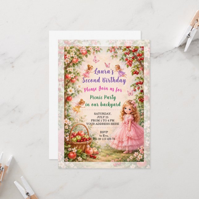Invitación a cumpleaños de niña. Fiesta de picnic. (Anverso/Reverso In Situ)