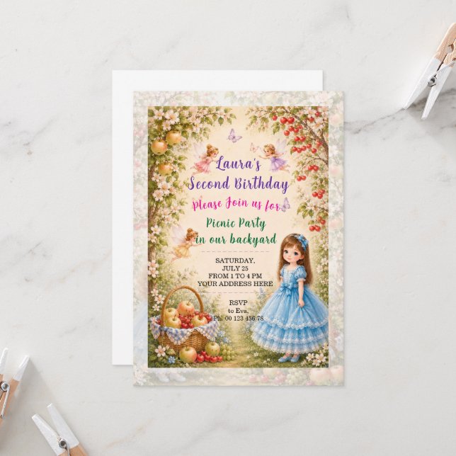 Invitación a cumpleaños de niña. Fiesta de picnic. (Anverso/Reverso In Situ)