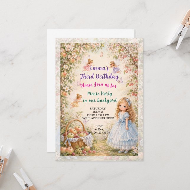 Invitación a cumpleaños de niña. Fiesta de picnic. (Anverso/Reverso In Situ)