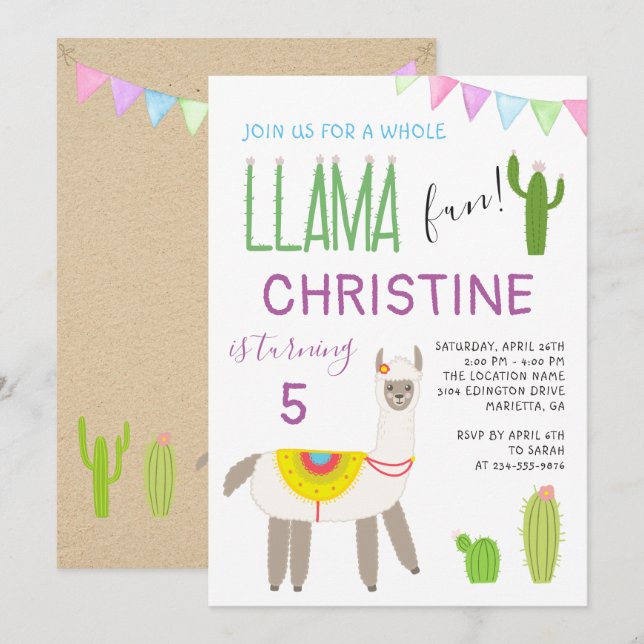 Invitación a cumpleaños de niños divertidos de lla (Anverso / Reverso)