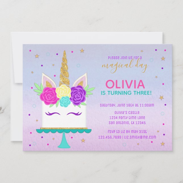 Invitación a cumpleaños de pasteles unicornio oro  (Anverso)