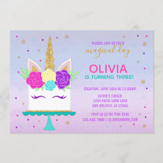 Invitación a cumpleaños de pasteles unicornio oro 