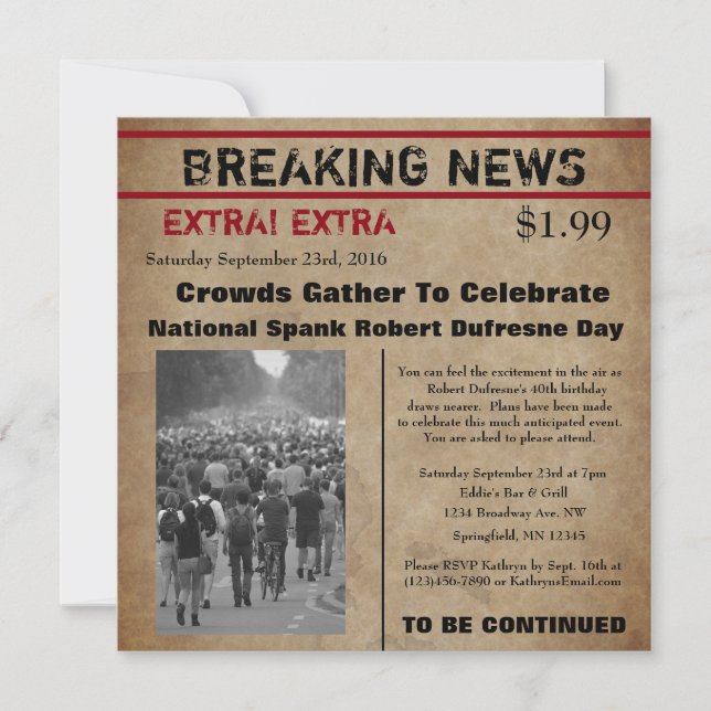 Invitación a cumpleaños de periódico divertida (Anverso)