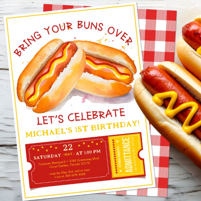 Invitación a cumpleaños de perro caliente divertid (Funny Hot Dog Birthday Party Cookout Invite)