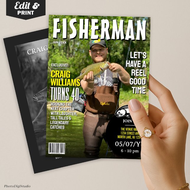 Invitación a cumpleaños de pescadores, revista de  (Fisherman Birthday Invite, Fishing Magazine Invitation)