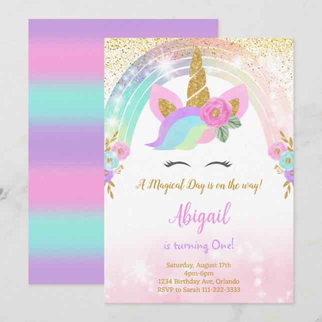 Invitación a cumpleaños de purpurina Unicornio (Anverso / Reverso)