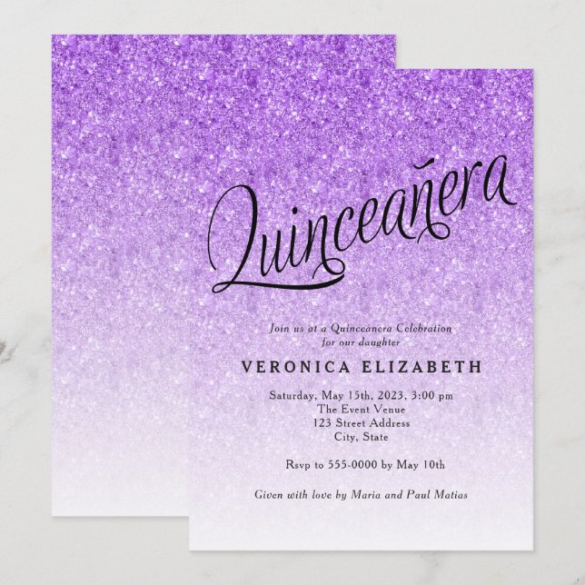 Invitación a cumpleaños de Quinceanera Purple Purp (Anverso / Reverso)