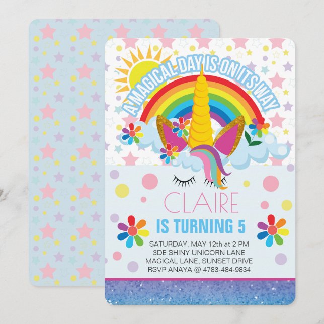 Invitación a cumpleaños de Rainbow Unicorn (Anverso / Reverso)