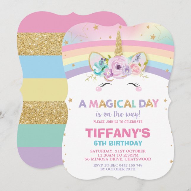 Invitación a cumpleaños de Rainbow Unicorn (Anverso / Reverso)