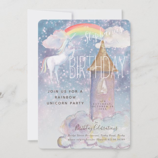 Invitación a cumpleaños de Rainbow Unicorn (Anverso)