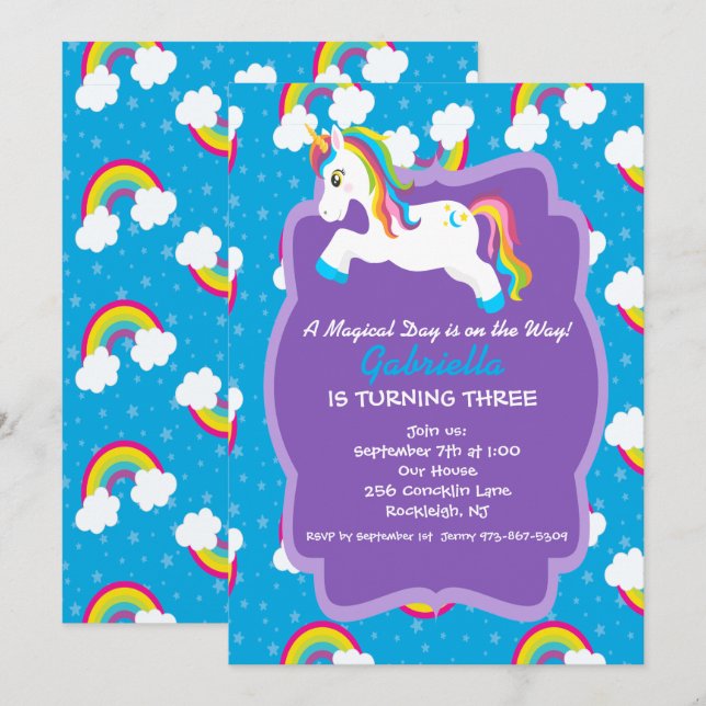 Invitación a cumpleaños de Rainbow Unicorn brillan (Anverso / Reverso)