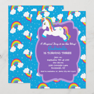Invitación a cumpleaños de Rainbow Unicorn brillan