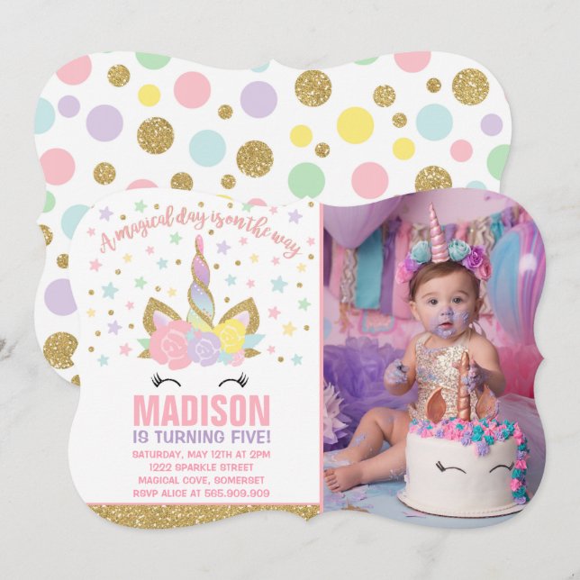 Invitación a cumpleaños de Rainbow Unicorn Gold Ro (Anverso / Reverso)