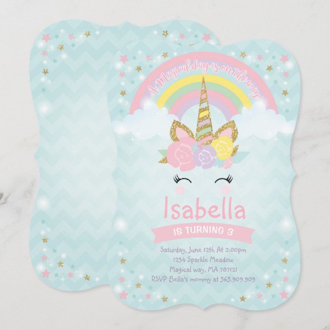 Invitación a cumpleaños de Rainbow Unicorn Gold Ro (Anverso / Reverso)