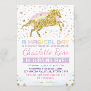 Invitación a cumpleaños de Rainbow Unicorn invita