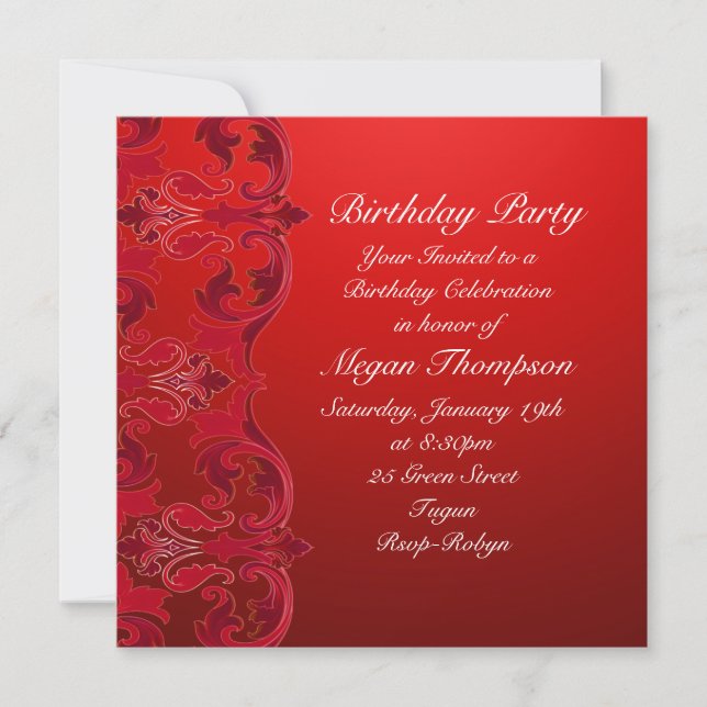 Invitación a cumpleaños de Red Swirl Damask (Anverso)