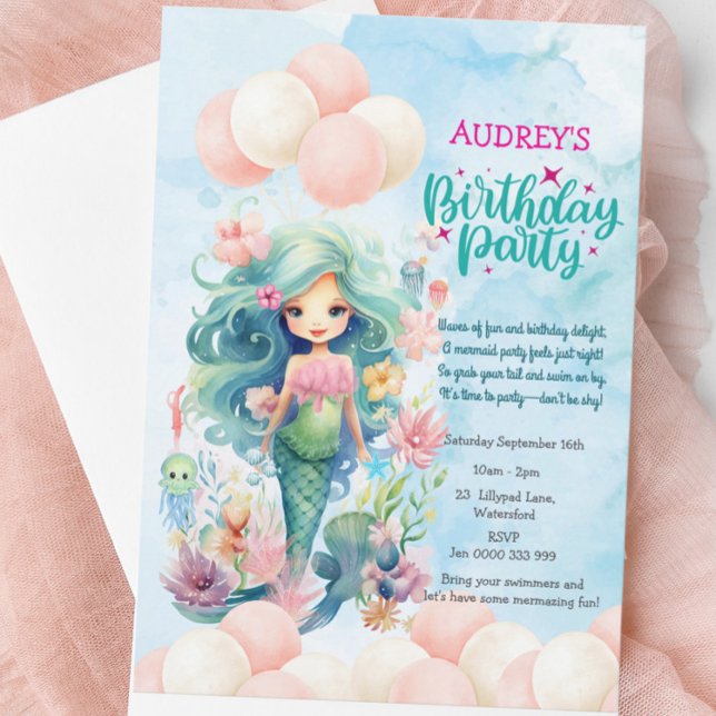 Invitación a cumpleaños de sirena bajo el mar a ch (Whimsical Mermaid Birthday Invitation - Pink & Blue Under the Sea Party - Cute Girl Kids Invite)