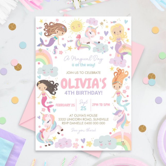 Invitación a cumpleaños de sirena con unicornio ar (Rainbow Mermaid Unicorn Invitation)