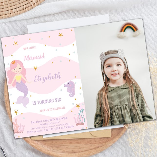 Invitación a cumpleaños de sirena rosa con foto (Mermaid Pink Birthday Invitations with photo)