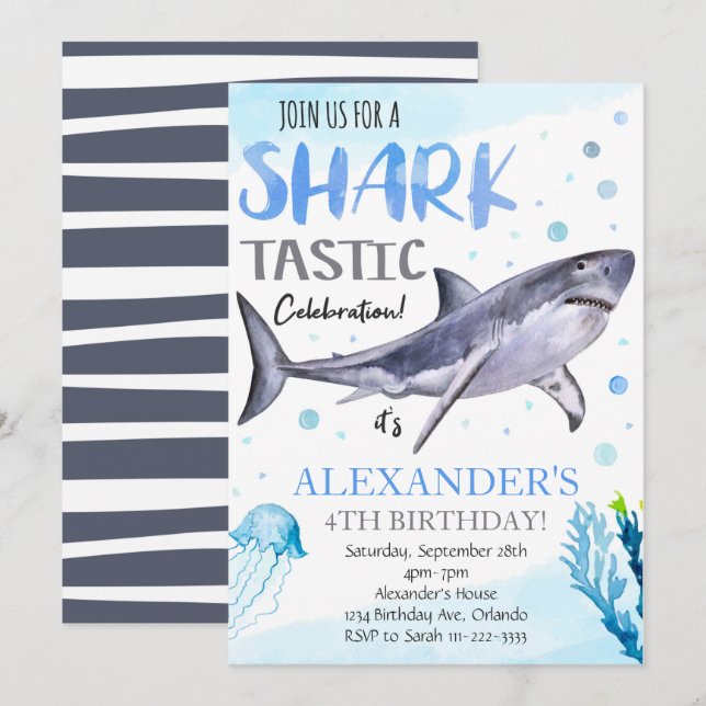 Invitación a cumpleaños de tiburón, invitación de  (Anverso / Reverso)
