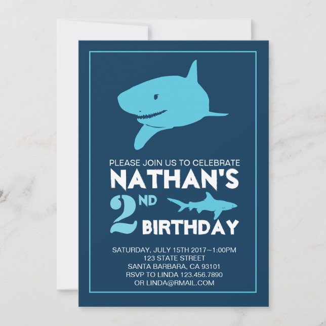 Invitación a cumpleaños de tiburón para niño (Anverso)