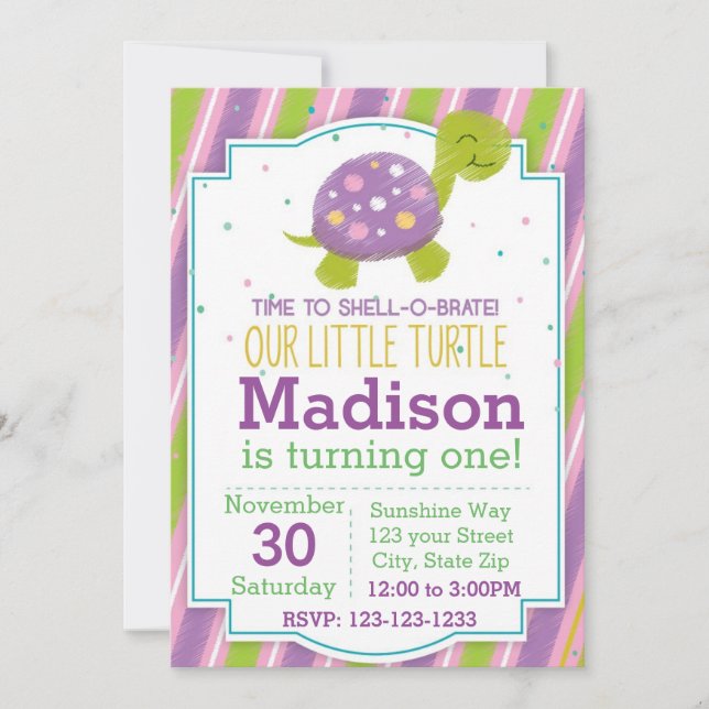 Invitación a cumpleaños de tortuga a rayas (púrpur (Anverso)