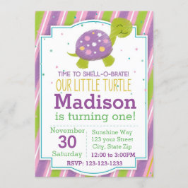 Invitación a cumpleaños de tortuga a rayas (púrpur