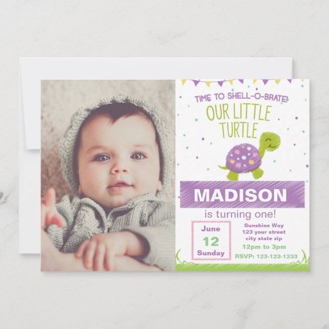 Invitación a cumpleaños de tortuga morada con foto (Anverso)