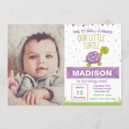 Invitación a cumpleaños de tortuga morada con foto