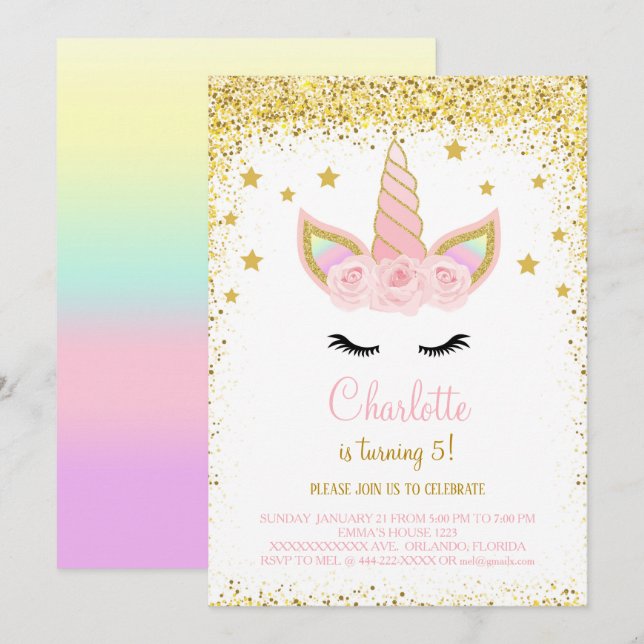 Invitación a cumpleaños de Unicorn Purpurina Dorad (Anverso / Reverso)