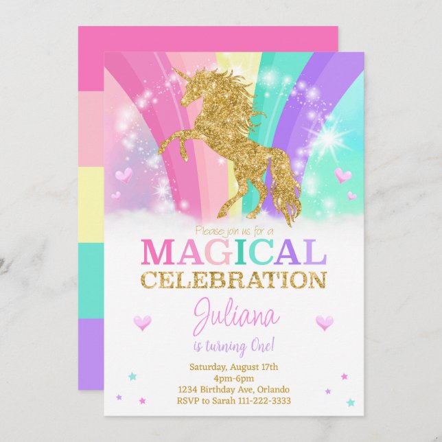 Invitación a cumpleaños de Unicorn, Purpurina mági (Anverso / Reverso)