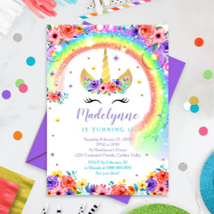Invitación a cumpleaños de Unicornio con arcoiris
