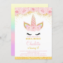 Invitación a cumpleaños de Unicornio con flores ro