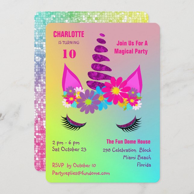 Invitación a cumpleaños de unicornio con flores sú (Anverso / Reverso)