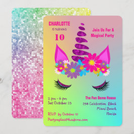 Invitación a cumpleaños de unicornio con flores sú