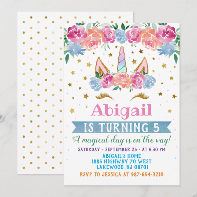 Invitación a cumpleaños de Unicornio, fiesta de Un (Anverso / Reverso)