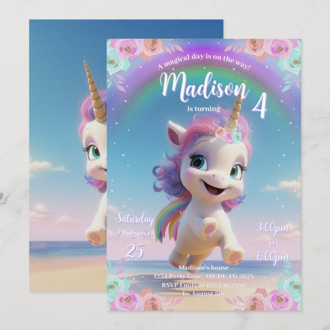 Invitación a cumpleaños de Unicornio mágico lindo (Anverso / Reverso)