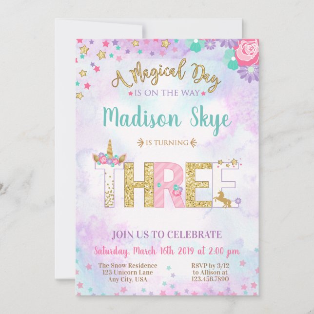 Invitación a cumpleaños de Unicornio por tercer cu (Anverso)