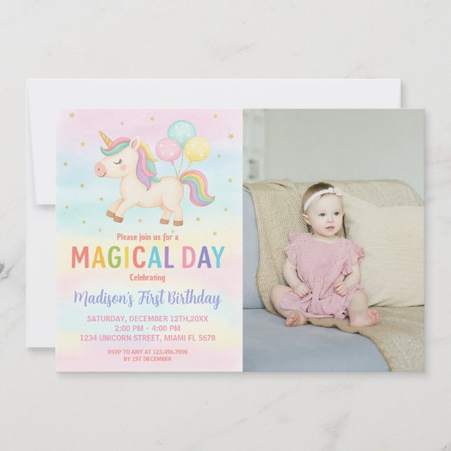 Invitación a cumpleaños de Unicornio Purpurina arc (Anverso)